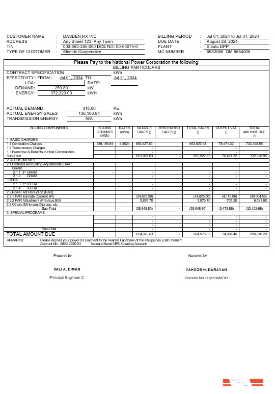 Philippines Tawelco business utility bill Word and PDF template PSD template
